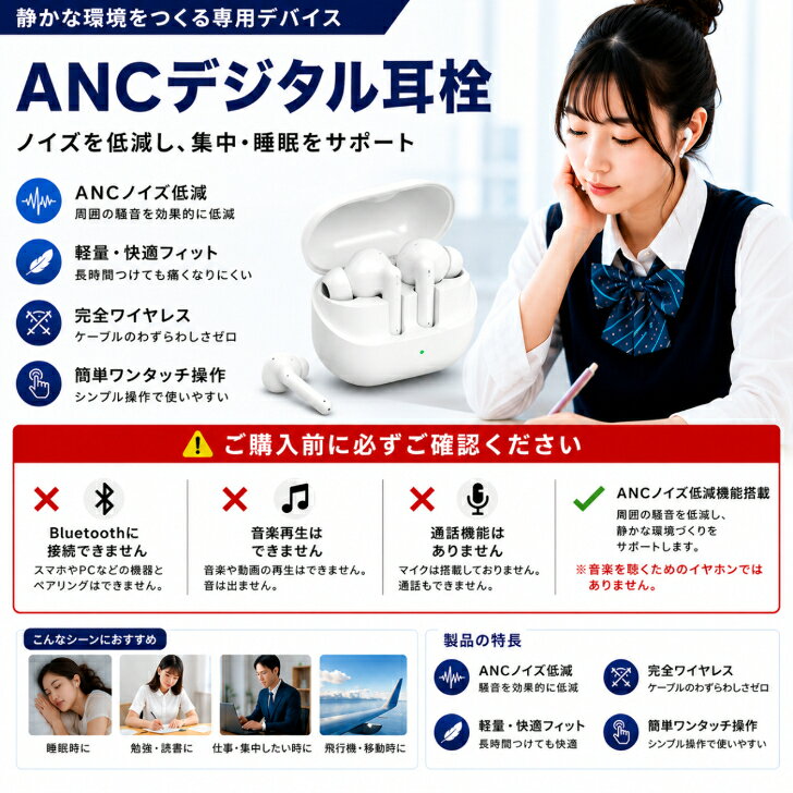 ANCデジタル耳栓 ノイズ低減デバイス 電子耳栓 騒音対策 Bluetooth接続不要 音楽再生不可 集中 睡眠 勉強 在宅勤務 テレワーク 飛行機 新幹線 通勤 軽量 コンパクト　イヤカフ型