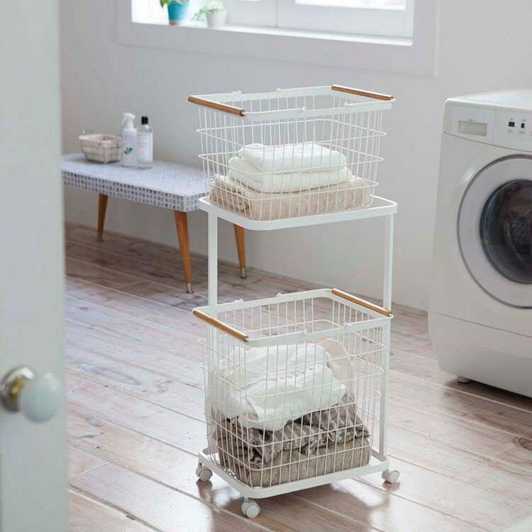 ランドリーワゴン＆バスケットセット トスカ[TOSCA] 【ランドリーラック ランドリー 洗濯 洗濯物 収納 大容量 2段 キャスター 洗濯カゴ キッチン ダイニング リビング ナチュラル ホワイト 白 おしゃれ かわいい 北欧 yamazaki 山崎実業 新生活】