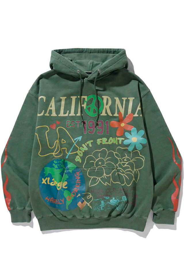 エクストララージ パーカー メンズ セール40%OFF XLARGE エクストララージ 101233012015 PIGMENT DYED PEACE HOODED SWEATSHIRT XLARGE パーカー GREEN 正規通販 メンズ レディース