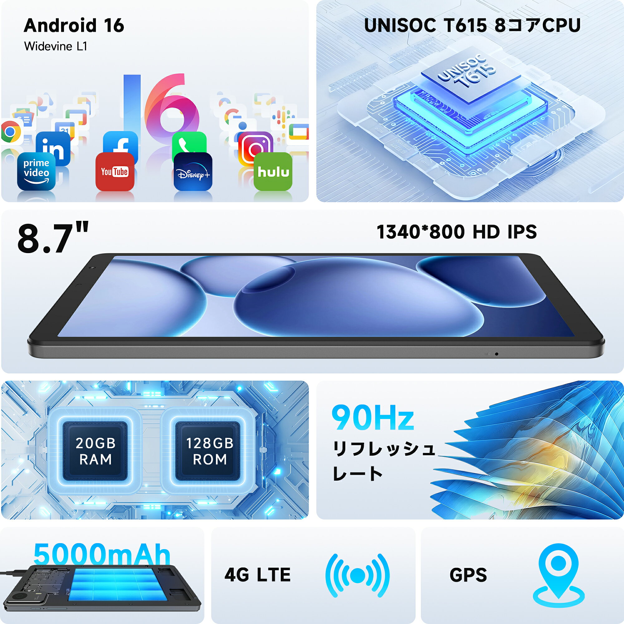 【クーポンで2000円OFF！】 PHILIPS タブレット 8.7インチ T7335 最新 Android16 国内正規品 SIMフリー 4G LTE通信 WidevineL1 128GB ROM 4GB RAM 最大20GB拡張可能 8コアCPU IPS液晶 90Hz駆動 軽量 GPS Wi-Fi フィリップス 動画視聴 電子書籍 カーナビ 子供 - Image 3