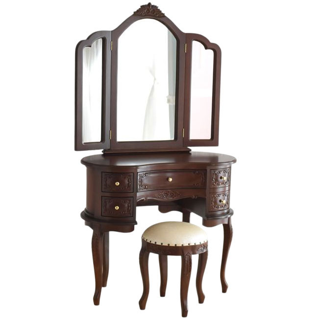 トリノサヴォイア 三面鏡ドレッサー スツール付き ブラウン色　K-HW-001-2-3