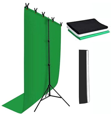 ONE STEP T字型 背景スタンド 緑 黒 白 3色セット 150 x 200cm Zoom会議 リモートワーク リモート会議 テレワーク Zoomのバーチャル背景 クロマキー スクリーンと万能クリップ5個付き 撮影スタンド 背景サポート80-200cm
