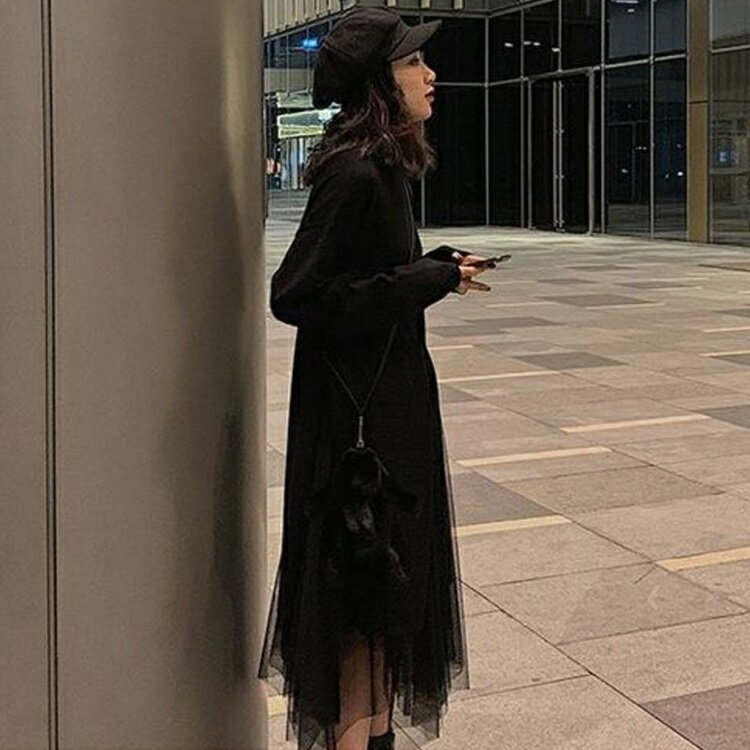 セットアップレディース春秋オシャレきれいめ韓国風チュールスカートオシャレブラックセットハイネック不規則シャツロング丈シャツ長袖着痩せ新作