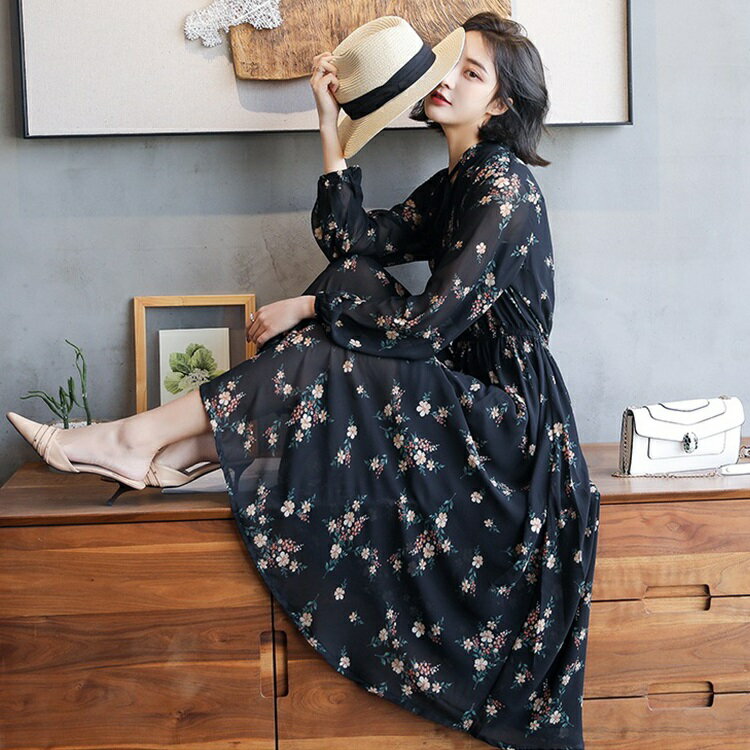 ワンピース シフォンワンピース 花柄ワンピース レディース 春夏 オシャレ ロング丈ワンピース 長袖 パーティー 二次会　発表会 ゆったり きれいめ ブラックのサムネイル