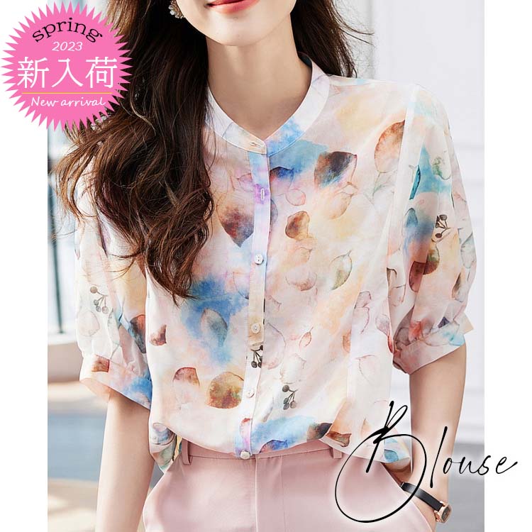 ブラウス レディース 半袖ブラウス 夏 オフィスブラウス 花柄シフォンシャツ オシャレブラウス パフスリーブトップス 大人 上品 通勤OL ゆったりシャツ 40代