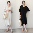 ワンピース レディース 夏 半袖 ロング丈ワンピース フレア袖 韓国風 Vネック ゆったり オシャレ 不規則 大人 カジュアル きれいめ 上品 2色(4)