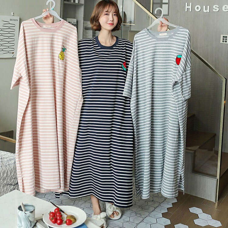 ネグリジェ パジャマ レディース 夏 半袖 可愛い ボーダー 部屋着 寝巻き ロング丈Tシャツ ワンピース オシャレ きれいめ ルームウエア ゆったり 3色のサムネイル