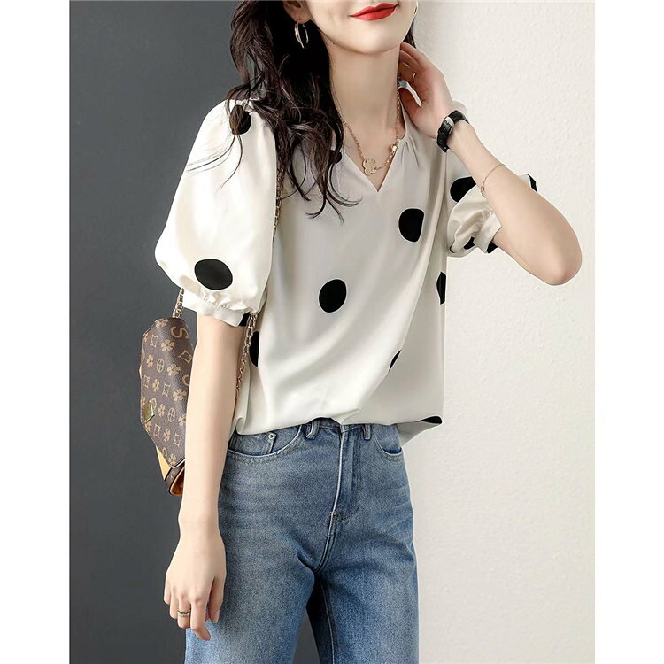 Tシャツ トップス レディース きれいめ 40代 ドット柄 半袖トップス パフスリーブ ...
