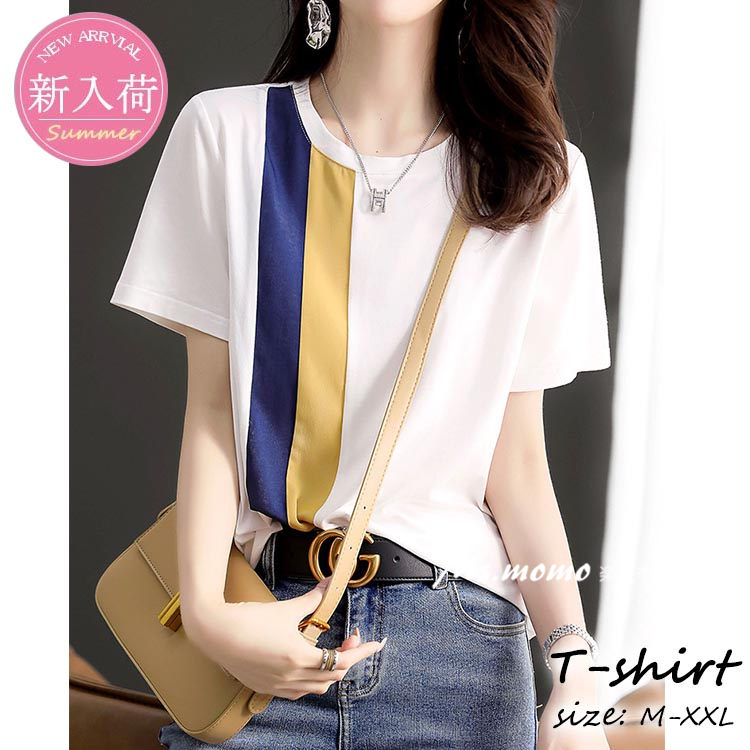 Short Sleeves - Tシャツ トップス レディース きれいめ 40代 配色 半袖トップス 白インナー オシャレ ブラウス tシャツ 着痩せ 韓国風 30代 50代