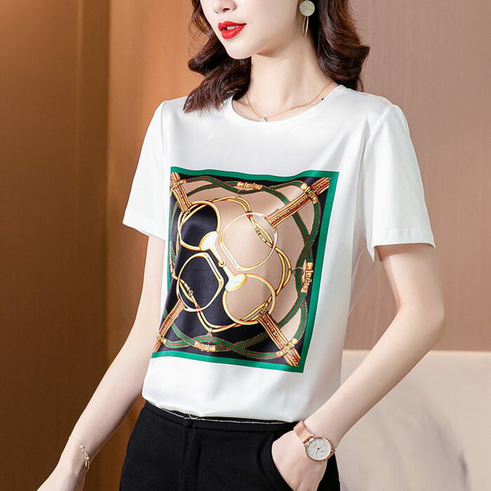 Rakuten - Tシャツ レディース 40代 春夏新作 オシャレブラウス 白Tシャツ 半袖トップスレション プリント切り替えTブラウス 大人 通勤 ゆったりTシャツ 韓国風 30代 50代