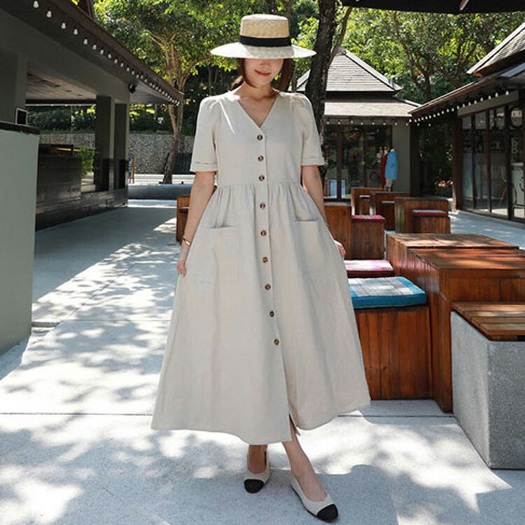 ワンピース レディース キレイめ マキシ丈ワンピース 春夏 半袖ワンピース 綿麻 Vネック ポケット付き ゆったり 旅行 オシャレ 上品 着痩せ 新作
