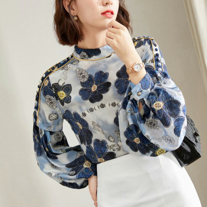 Long-Sleeved - ブラウス レディース きれいめ 40代 春夏秋新作 オシャレブラウス 花柄シフォンシャツ 長袖トップス パフスリーブブラウス 大人 通勤 ゆったり シャツ30代 50代