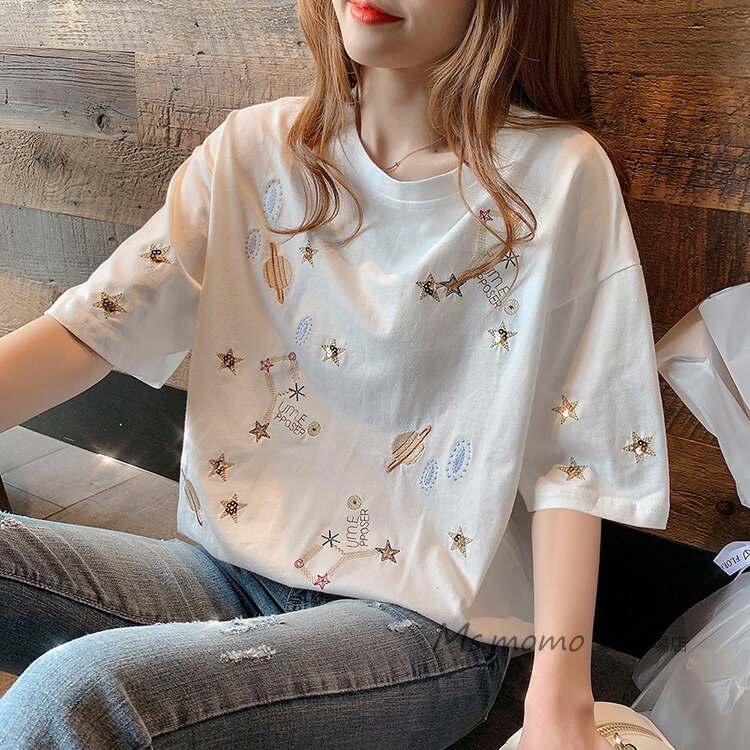Tシャツ レディース 40代 春夏新作 オシャレ 白Tシャツ 半袖トップス 星刺繍ブラウス 大人 通勤 ゆったりTシャツ カットソー カジュアル韓国風 30代 50代