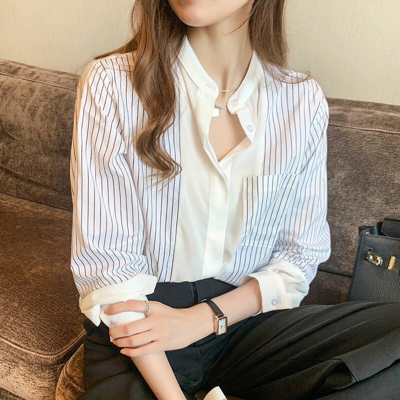 Long-Sleeved - ブラウス レディース きれいめ 40代 春夏秋新作 オシャレブラウス 白シフォンシャツ 長袖トップス ボーダー柄 上品 大人 通勤 ゆったり シャツ30代 50代