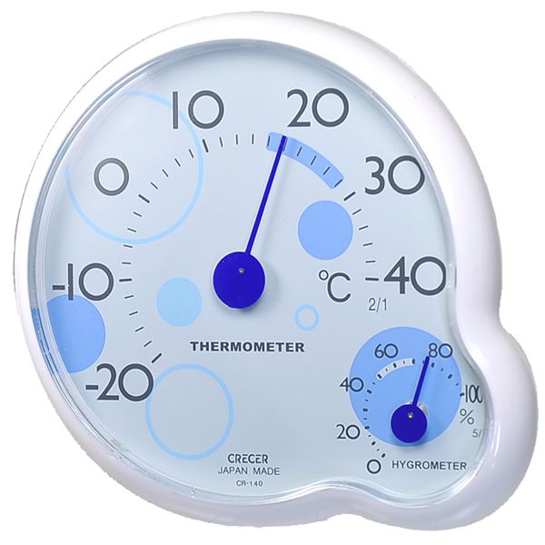 ※代引き不可※北海道、沖縄、離島の送料は別途お見積り※手配完了後はキャンセルやご返品をお受けすることは出来ません。■サイズ・色違い・関連商品■ブルー[当ページ]■イエロー■ホワイト■商品内容かわいらしく、さりげなく、温度・湿度を管理。 マルとマルがくっついた、ちょっと変わった形の温湿度計。 みずたま模様デザインが、かわいい高感度の日本製温湿度計です。 折りたたみスタンド付きで、壁掛け・卓上どちらでもご使用いただけます。 ■商品スペック【サイズ】120×110×24mm【重量】64g【材質】本体:ABS，フロント:アクリル【カラー】ブルー【精度】温度計:-10〜40℃・・・±2℃以内　　　　 湿度計:常温時(20〜25％)35%〜85%・・・±5%以内■送料・配送についての注意事項●本商品の出荷目安は【3 - 8営業日　※土日・祝除く】となります。●お取り寄せ商品のため、稀にご注文入れ違い等により欠品・遅延となる場合がございます。●本商品は仕入元より配送となるため、沖縄・離島への配送はできません。[ CR-140B ]
