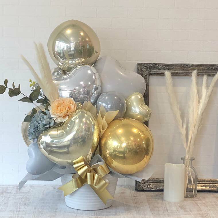 バルーン 開店祝 周年祝 結婚祝 ウェルカムスペース バルーンギフト おしゃれ 祝い花 上品 豪華 高級感 ホワイトゴールドテールリード