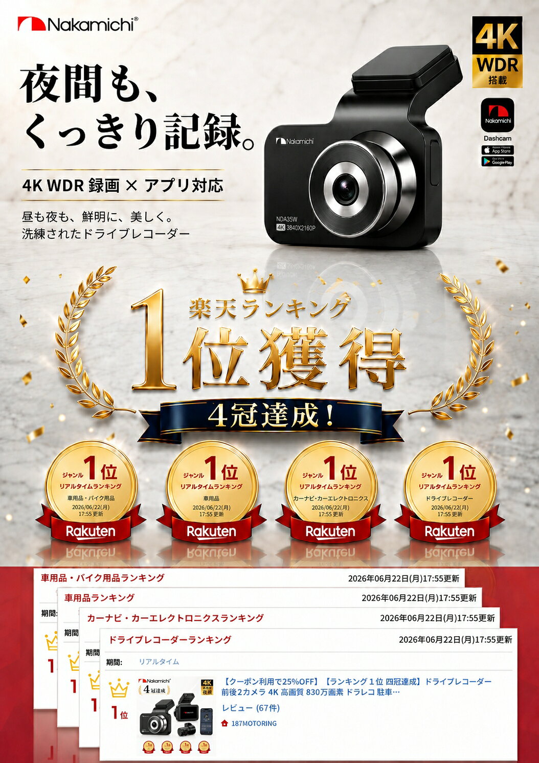 【クーポン利用で25%OFF】【ランキング1位 四冠達成】ドライブレコーダー 前後2カメラ 4K 高画質 830万画素 ドラレコ 駐車監視 WiFi スマホ連携 衝撃録画 Gセンサー WDR 夜間撮影 フルHD 後方録画 あおり運転対策 Nakamichi ND435W momoselection-10002292 187MOTORING サンプル画像2