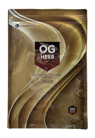 商品名 OG ハーブ 仕様 内容量：174g（580mg x 300粒） 製造国：日本 販売元：株式会社UMARERU 〒661-0012　兵庫県尼崎市南塚口町2-35-17 原材料： 還元麦芽糖水飴(国内製造)、牡蠣肉ペプチド（牡蠣肉酵素分解エキス）、高麗人参サポニン、還元水飴、ゼラチン/セルロース、卵殻カルシウム、ステアリン酸カルシウム、カカオ色素、光沢剤、増粘剤（アラビアガム）、グリセリン ■栄養成分表示 エネルギー22.0kcal たんぱく質0.83g 脂質0.13g 炭水化物4.37g 食塩相当量0.077g ※10粒5.8gあたり ■お召し上がり方 1日10〜20粒を目安に、かまずに水またはぬるま湯でお召し上がりください。 説明 亜鉛と高麗人参が吸収しやすいサプリメント 産卵間近の新鮮な広島牡蠣から抽出した牡蠣ペプチド末と高麗人参の主成分である人参サポニンを配合、酵素分解物質を含有。 不足しがちな亜鉛などの必要栄養成分を体に。 毎日の健康づくりにお役立てください。 商品特徴一覧 OG ハーブ 亜鉛と高麗人参 オージーハーブ サプリメント 広告文責 (有)パルス　048-551-7965 この商品の意見を書き込む ↑クリックしてね。是非、いろんな意見を下さい♪ （この書き込みはお客様全員が見ることが出来ます♪）『UMARERU OG ハーブ 300粒』 OG ハーブ 亜鉛と高麗人参 オージーハーブ サプリメント