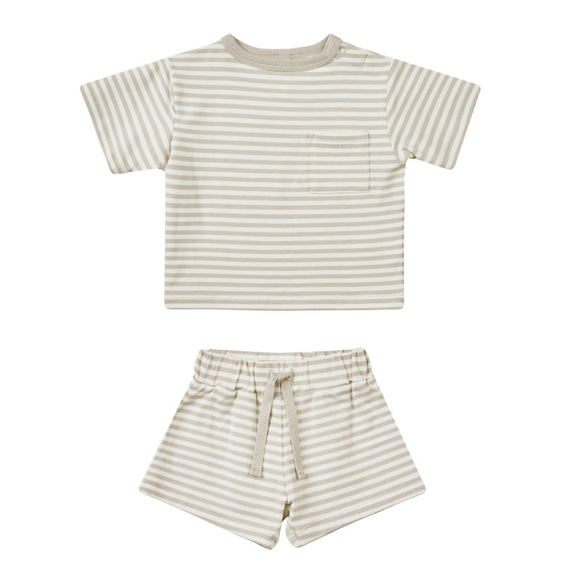 (drop2)【Quincy Mae】 【クインシーメイ】 2024SS 24ss 春夏 ベビー服 BOXY POCKET TEE + SHORT SET Tシャツ+パンツセット ASH-STRIPE | トップス 70cm80cm90cm100cm 子供 ギフト