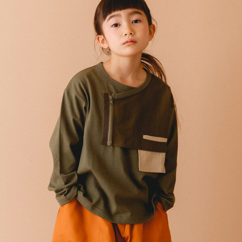 nunuforme ヌヌフォルム 2022AW 秋冬 子供服 コンビTシャツ khaki　95cm(2/3Y) 105cm(3/4Y) 115cm(5/6Y) 125cm(6/7Y) 135(8/9Y) | カットソー プルオーバー 子供 キッズ 男の子 女の子 【nf18-895-505】 おしゃれ 人気ブランド