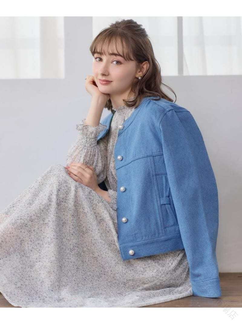 洗える 綿100% パール調ボタン デニムジャケット Couture Brooch クチュールブローチ ジャケット アウター デニムジャケット ブルー ネイビー 送料無料 春 秋 羽織り カジュアル 長袖 レディ