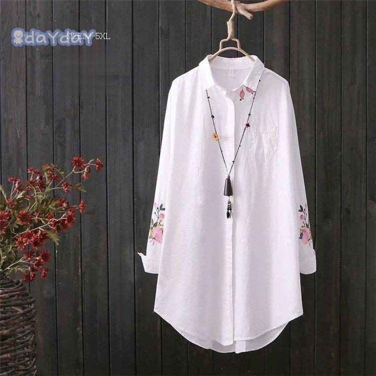 ブラウス シャツブラウス トップス ロングシャツ レディース 40代 花柄 チュニック 体型カバー 長袖 綿 刺繍 大きいサイズ コットン アウター シンプル きれいめ