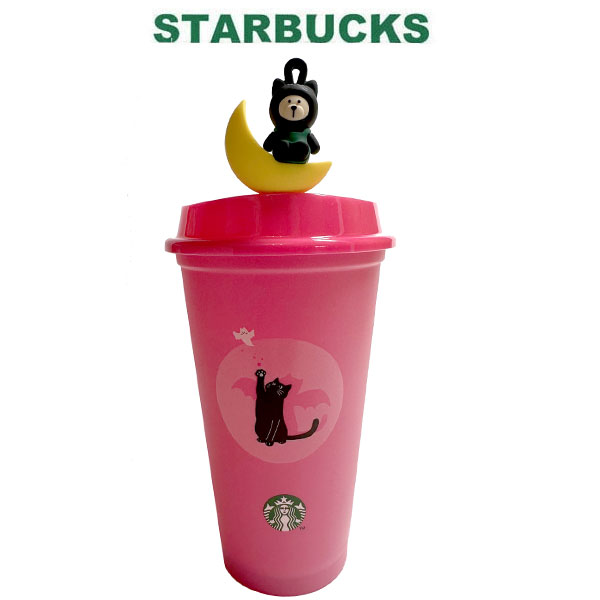 スターバックスのハロウィンカラーチェンジングリユーザブルカップとベアリスタキャットキャップ