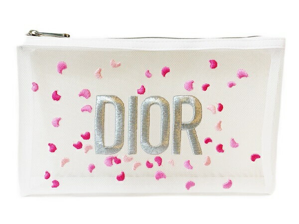 クリスチャンディオール Dior ディオール ポーチ 小物入れ メッシュ キラキラ 白 ホワイト 四角 スクエア 刺繍 ロゴ 花びら 化粧 メイク コスメ 化粧 メイク かわいい ブランド ギフト プレゼント お返し コスメ ブランド クリスマス ハロウィン バレンタイン