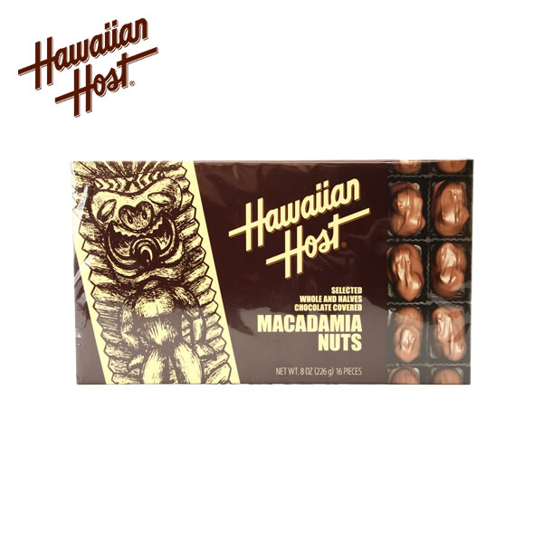世界で初めてマカデミアナッツチョコレートをつくった老舗メーカー『ハワイアンホースト』 創業以来続くオリジナルレシピへのこだわり、そして確かな技術と品質で、世界中の人々から『マカデミアナッツチョコレートといえばハワイアンホースト』と世界中の人々に愛され続けています。 hawaiian host macadamia nuts chocolate ハワイアンホースト マカダミアナッツチョコレート 226g 16pieces 名称 チョコレート メーカー Hawaiian host 内容量 226g 16pieces 原材料 マカデミアナッツ、砂糖、ココアバター、全粉乳、カカオマス／乳化剤、香料、（一部に乳成分・大豆を含む） 保存方法 28度以下の直射日光、高温多湿を避けた環境で保存して下さい。 賞味期限 ラベルに記載 原産国 アメリカ合衆国 その他/注意事項 ・高温にさらされ、その後冷やされると表面が白くなることがあります。召し上がっても安心ですが風味が劣ります。 ・商品画像とお届けの商品のパッケージが異なる場合がございますのであらかじめご了承ください。 輸入者 ハワイアンホースト・ジャパン株式会社東京都港区芝大門2-6-4 栄養成分表示 （100g当たり） エネルギー 590kcal たんぱく質 7g 脂質 41g 炭水化物 50g 食塩相当量 0.1g