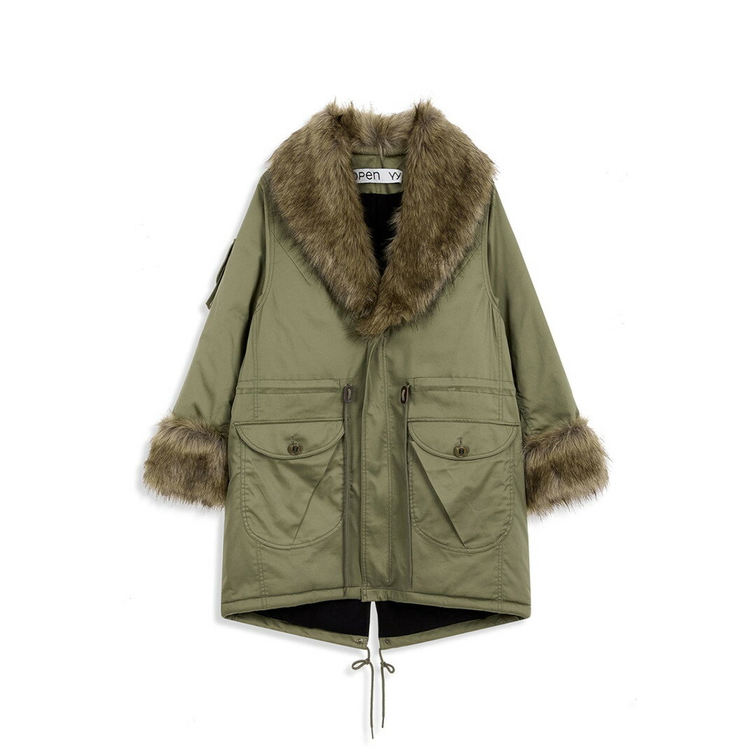 ＼全品エントリーでポイント10倍／ OPEN YY | オープンワイワイ FAUX FUR TRIMMING SAFARI JACKET, KHAKI (YY254JK005KH) 25AW 25秋冬 アウター コート ファー ロングコート オーバーサイズ サファリジャケット