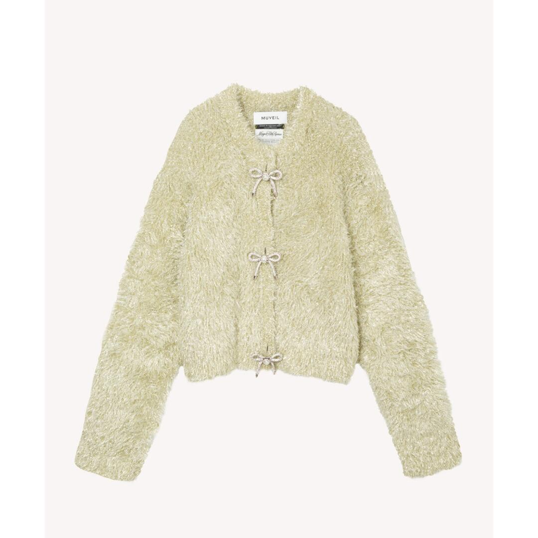 MUVEIL 【ミュベール】リボン釦ラメファーカーディガン ecru (MA253KCD005)　25AW　25秋冬　トップス　カーディガン　ラメファーカーディガン