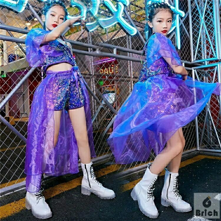 【送料無料】キッズダンス衣装 スパンコール おしゃれ 子供ダンス ダンス衣装 女の子 ガールズ ジャズダンス ヒップホップ JAZZ 演出 hiphop ステージ 舞台 可愛い メッシュ スカート