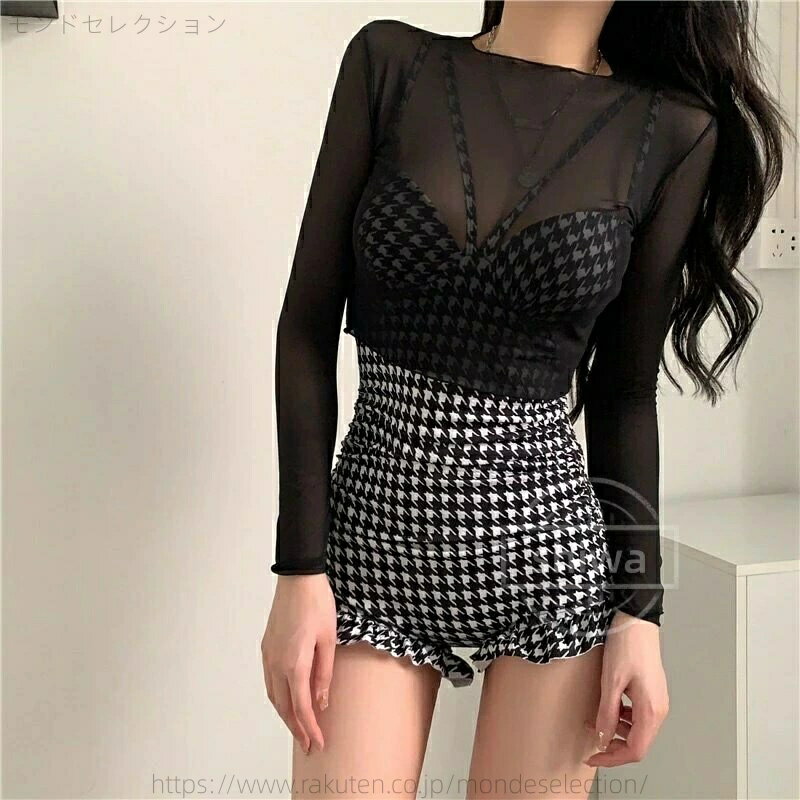 【送料無料】セット 水着 体型カバー シースルークロップトップ 水着 体型カバー ワンピース モノキニ 水着 水着 レディース かわいい おしゃれ 韓国 セクシー ストラップ 千鳥格子柄