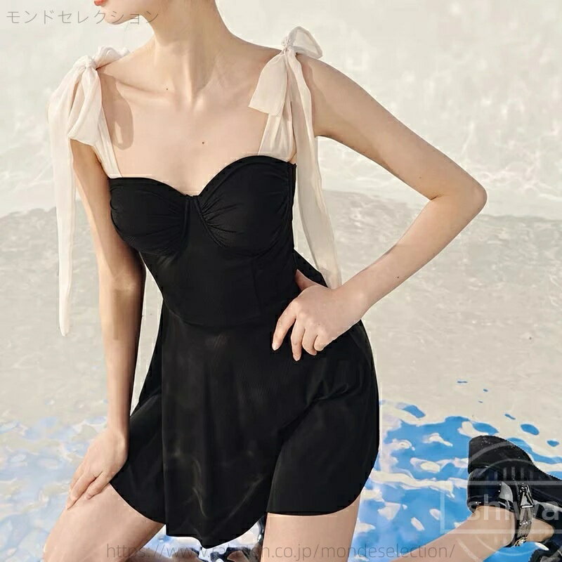【送料無料】ショルダーリボン ワンピース 水着 肩紐 リボン バックレス スカート 水着 レディース 体型カバー ワンピース水着 スイムスーツ 大人 ガーリー かわいい 韓国 水着