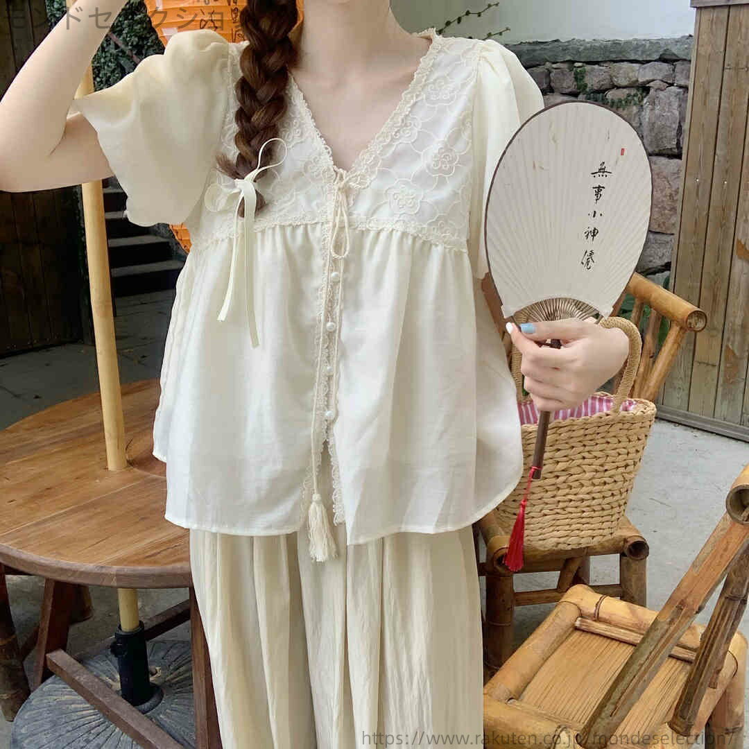 【送料無料】カジュアル おしゃれ きれいめ かわいい シフォン 前開き パフスリーブ vネック 半袖 夏 レディース ブラウス