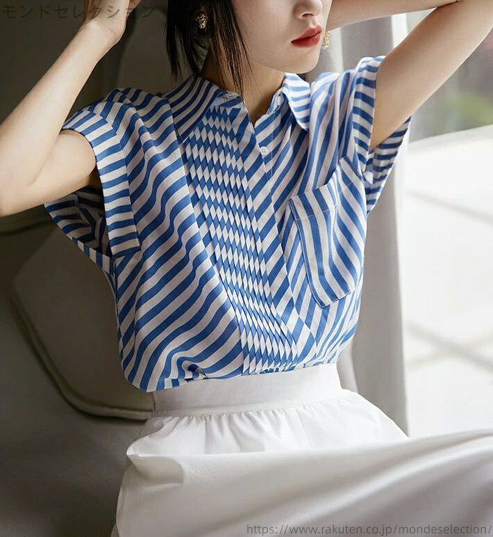 【送料無料】ブルー 仕事用 事務服 トップス シャツ ストライプ 夏服 通勤 OL オフィス ビジネス 女性 シャツ スーツ ブラウス 半袖 シャツ mondeselection-10047882 モンドセレクション サンプル画像2