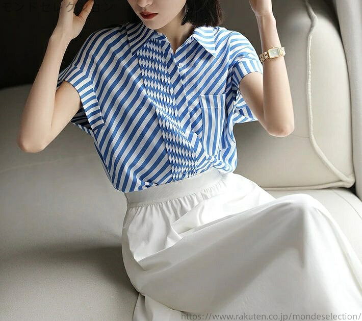 【送料無料】ブルー 仕事用 事務服 トップス シャツ ストライプ 夏服 通勤 OL オフィス ビジネス 女性 シャツ スーツ ブラウス 半袖 シャツ mondeselection-10047882 モンドセレクション サンプル画像3