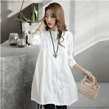 【送料無料】上品 シンプル きれいめ 大人可愛い シースルー 透け感 マタニティー エンパイアライン シフォン レース 7分袖 チュニック