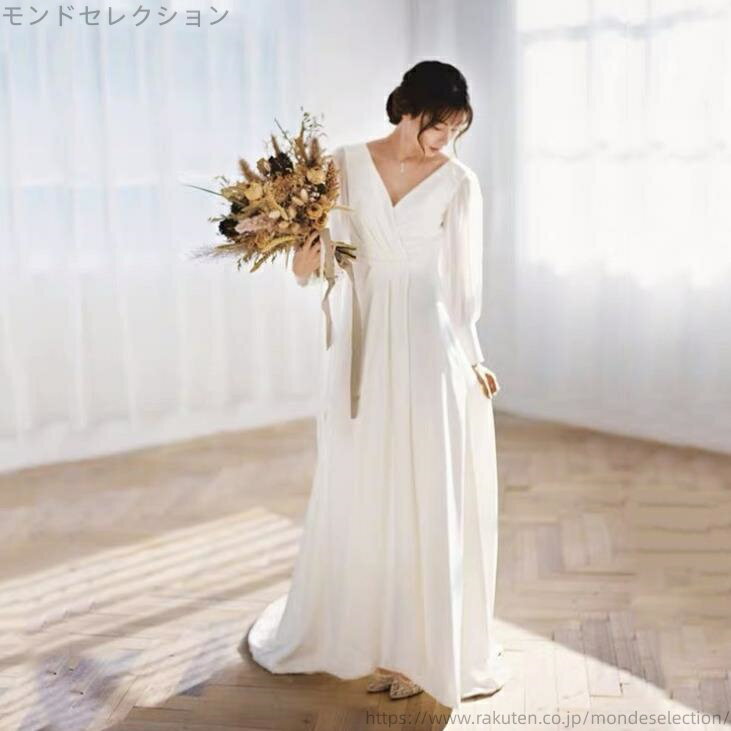【送料無料】Wedding xs～xl ファスナータイプ ウェディングドレス ロングドレス マキシ丈 長袖 Vネック Aライン ウェディングドレス