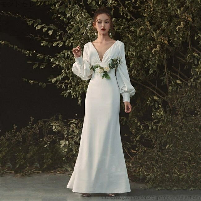 【送料無料】Wedding xs～xl ファスナータイプ ウェディングドレス ロングドレス マキシ丈 長袖 Aライン ウェディングドレス