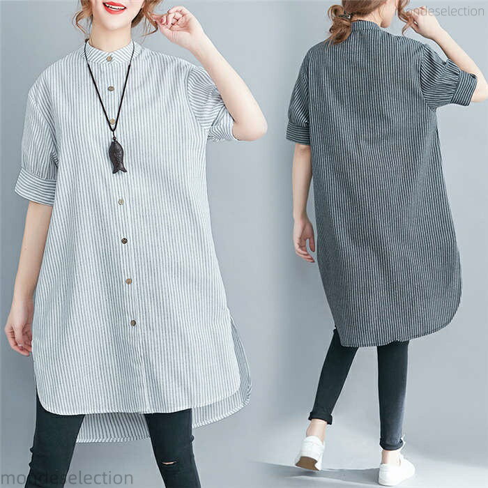 【送料無料】トップス チュニック シャツ 半袖 ロングシャツ レディース 夏 ストライプ柄 シャツブラウス チュニックシャツワンピース ワンピース