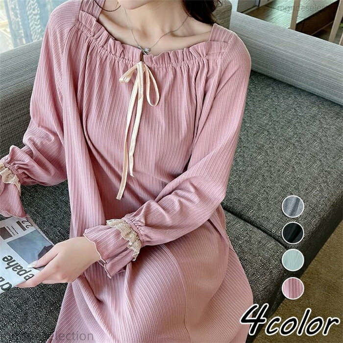 【送料無料】ネグリジェ パジャマ レディース 春秋新作 長袖ワンピース パジャマ ルームウェア 無地 大きいサイズネグリジェ フレア ロング丈ワンピ