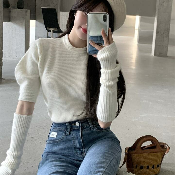 【送料無料】セーター アームスリーブ付き ニット トップス プルオーバー パフスリーブ レディース ニット + アームカバー 春秋 ストレッチ タイト