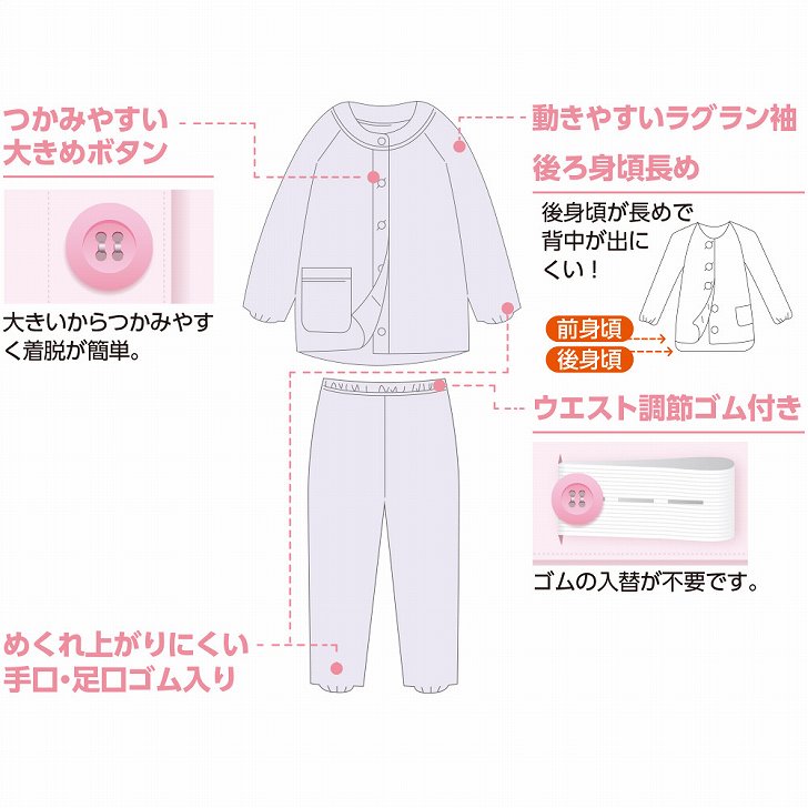介護 パジャマ 介護用 介護パジャマ 女性 シニア 大きめボタン キルトパジャマ M L 秋冬 あたたかい 手口 足口ゴム入り ウエスト調節ゴム付 腰曲がり 後ろ身頃長め 腰曲がり体型 レディース 婦人 用 3