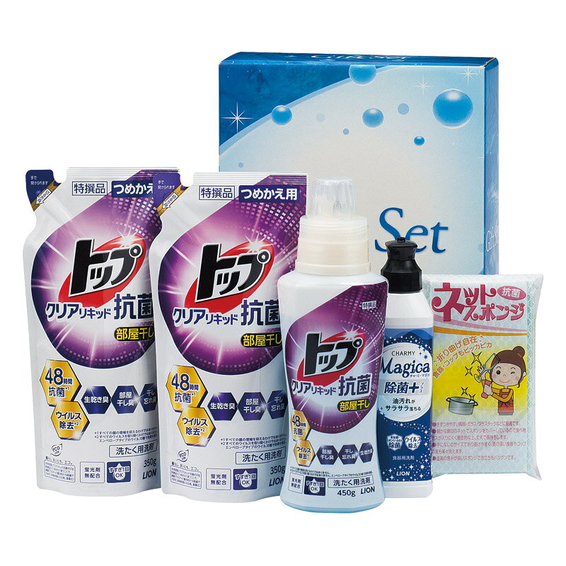 PRODUCT SPECIFICATIONS商品仕様商品名ニオイクリアバラエティギフト型番RCO-25セット内容セット内容/ライオントップクリアリキッド抗菌(詰替用)(350g)×2、ライオントップクリアリキッド抗菌(450g)・ライオンCHARMY Magica除菌+(220ml)・ネットスポンジ(中国)×各1箱サイズ8.2×21.2×27.4cm