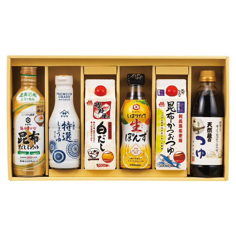PRODUCT SPECIFICATIONS商品仕様商品名上品な旨味調味料詰合せ型番JUH-40セット内容セット内容/伊賀越天然蔵のつゆ・マルトモ鰹節屋の白だし・マルトモ昆布かつおつゆ(各500ml)・キッコーマンいつでも新鮮旨み豊かな昆布だししょうゆ(450ml)・キッコーマンしぼりたて生ぽんず・ヤマサ卓上特選しょうゆ(各360ml)×各1箱サイズ25.5×45.3×7.5cm賞味期間常温1年JANコード4518544176755