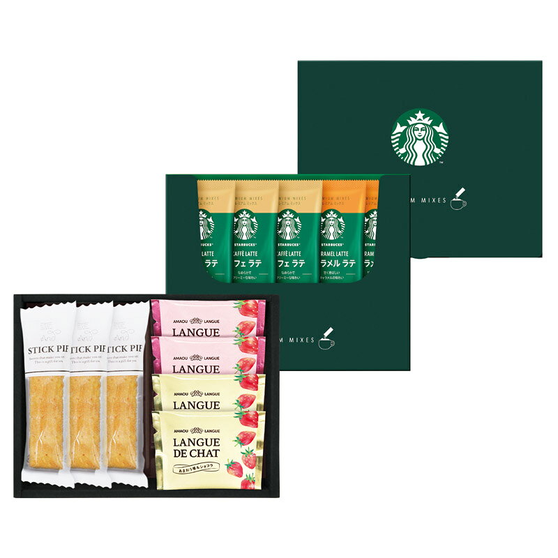 PRODUCT SPECIFICATIONS商品仕様ブランドスターバックス商品名プレミアムミックスギフト&amp;スイーツギフト型番STB-20ADGTセット内容カフェラテ(18g)・スティックパイ(プレーン)×各3、キャラメルラテ(23g)・あまおう苺ラングドシャ(ショコラ・ホワイトショコラ)×各2箱サイズ15×19.5×7.5cm賞味期間常温6ヶ月アレルゲン卵・乳・小麦JANコード4983740116704商品説明スターバックスコーヒーギフトと、お菓子のセットでワンランクアップのひとときを。スターバックスの香り高いコーヒーを手軽に楽しめるドリップタイプのセット。焼き菓子とともにあの方へ。