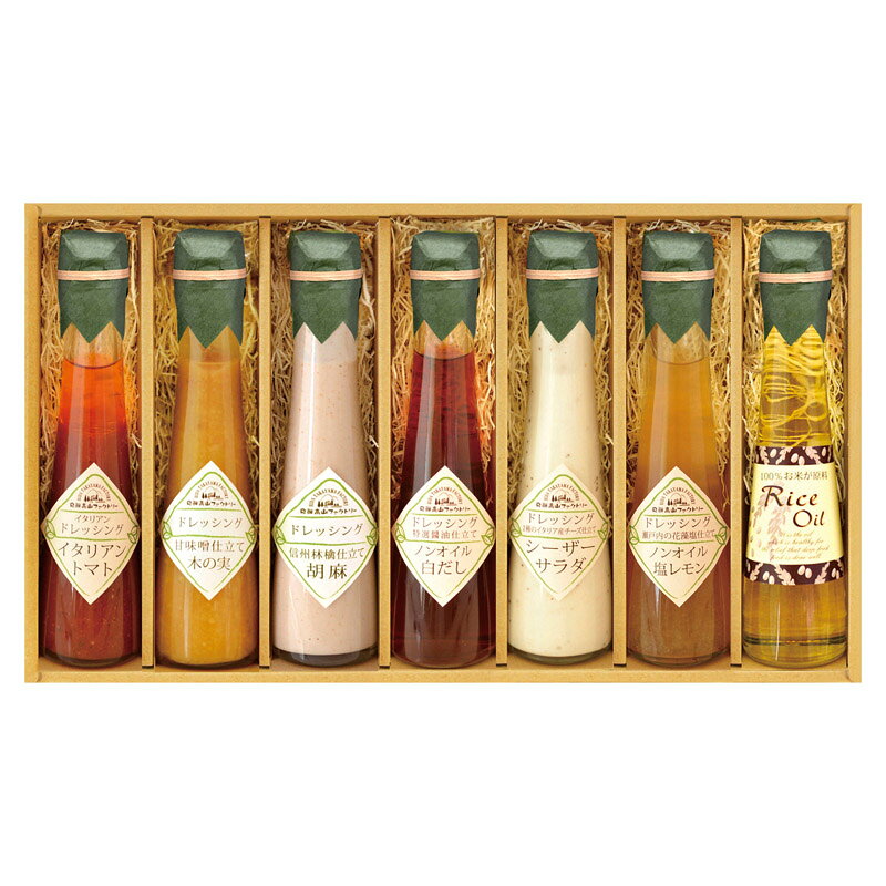 PRODUCT SPECIFICATIONS商品仕様ブランド飛騨高山ファクトリー商品名~食菜味~すこやかドレッシングギフト型番ID-7Xセット内容ドレッシング(イタリアントマトのイタリアン・甘味噌仕立て木の実・信州林檎仕立て胡麻・2種のイタリア産チーズ仕立てシーザーサラダ)・特選醤油仕立てノンオイル白だしドレッシング・瀬戸内の花藻塩仕立てノンオイル塩レモンドレッシング(各120ml)・米油(110g)×各1箱サイズ22.5×39×5.5cm賞味期間常温6ヶ月アレルゲン卵・乳・小麦JANコード4580386253246商品説明ひとつひとつ丁寧に造り上げたオリジナルドレッシング。それぞれ個性豊かな特長があり、サラダ以外にもさまざまなお料理で活躍します。