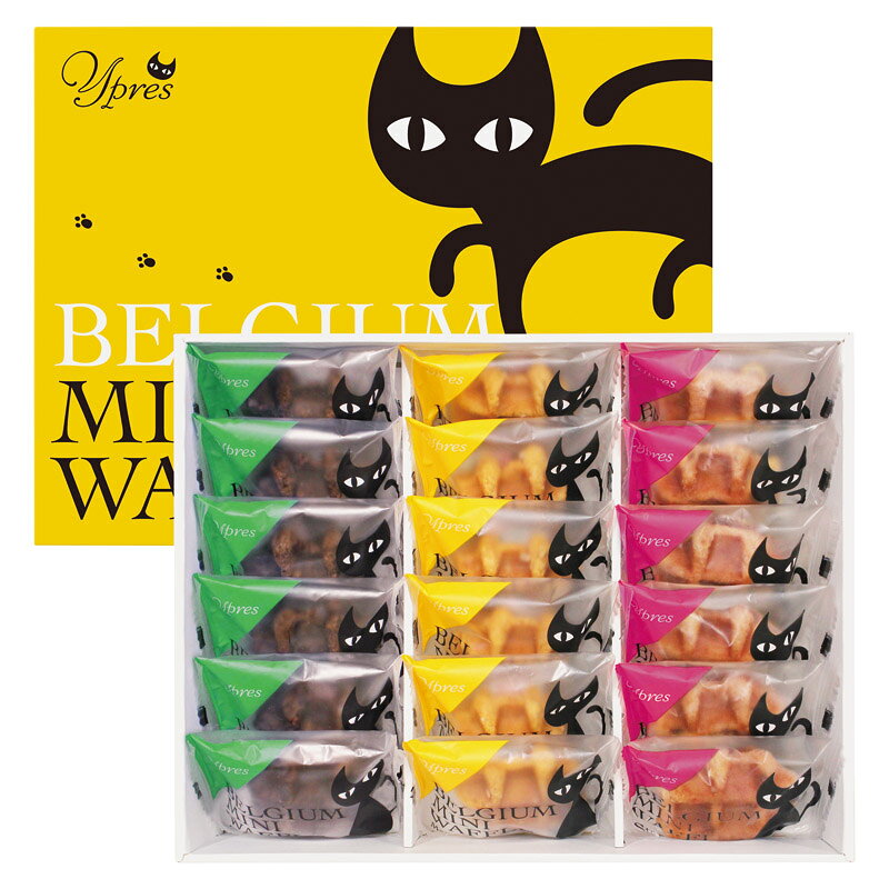 PRODUCT SPECIFICATIONS商品仕様商品名イーペルの猫祭り ベルギーミニワッフル型番YJ-YW12セット内容メープル・ショコラ・イチゴ×各6賞味期間常温3ヶ月アレルゲン卵・乳・小麦JANコード4570052154854商品説明小さめサイズのワッフルがたくさん入った、みんなで楽しめるギフトです。メープル・ショコラ・イチゴの3種類をご用意。かわいい黒猫のパッケージが楽しさを演出します。