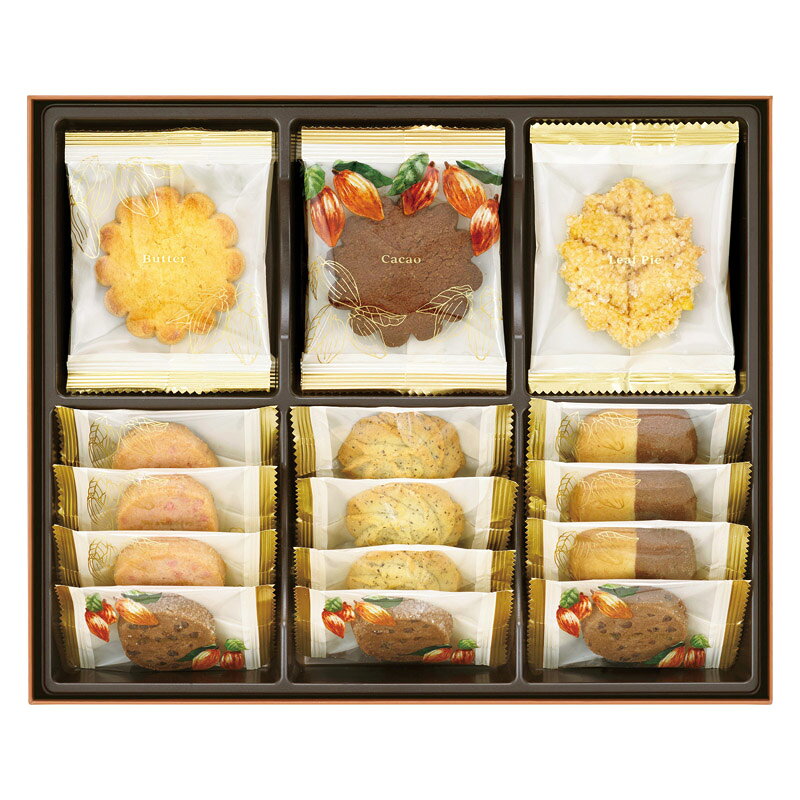 PRODUCT SPECIFICATIONS商品仕様ブランドメリーチョコレート商品名クッキーコレクション型番0549セット内容クッキー(チョコレートチップ・ストロベリーチョコレートチップ・ジャンドゥヤ&amp;ホワイト・ダージリンティー)×各3、クッキー(カカオ・バター・リーフパイ)×各2箱サイズ23×27.7×4.9cm賞味期間常温4ヶ月アレルゲン卵・乳・小麦JANコード4979103017412商品説明チョコレートやコク深いバターを使用した、それぞれ食感の異なるクッキーアソート。